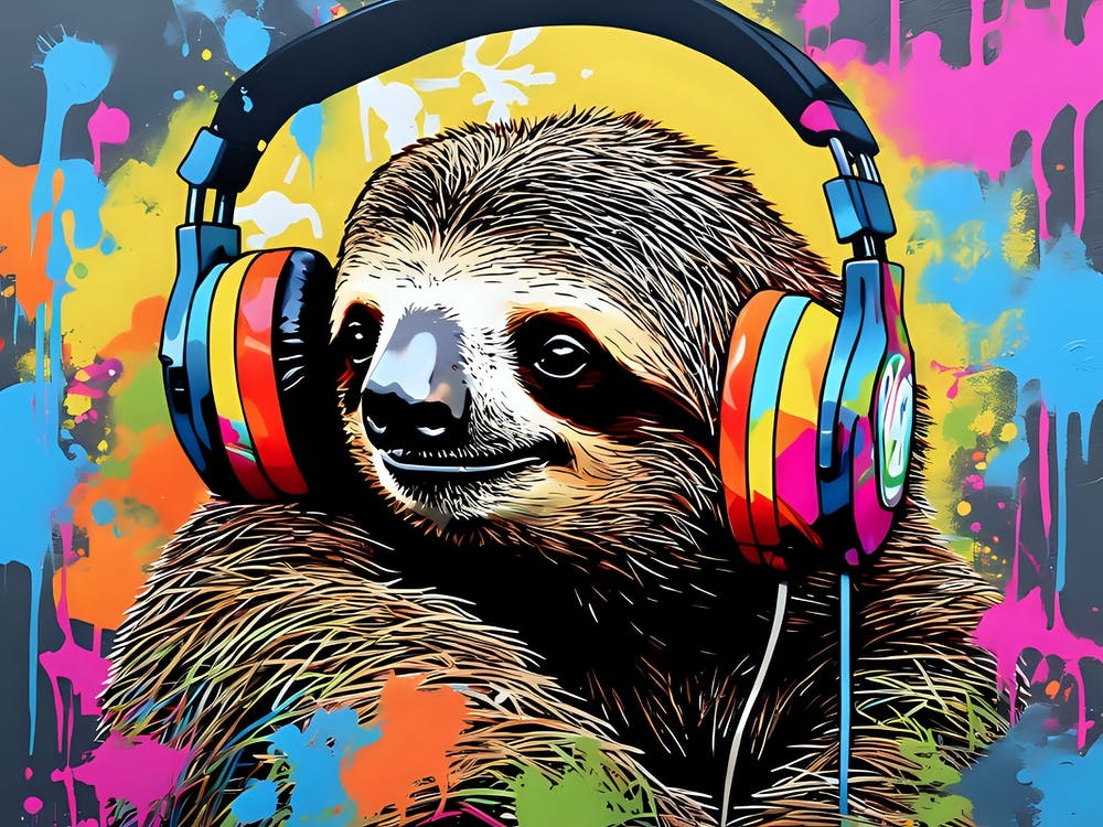 Sloth with headphones