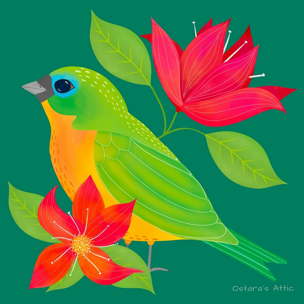 Tropical Folk Bird Green Palette Square