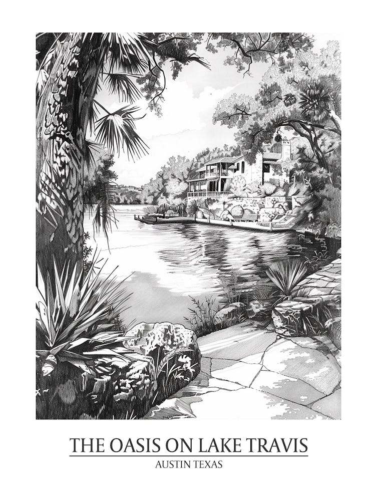 The Oasis On Lake Travis Austin Texas Black And White Drawing 2 Poster
