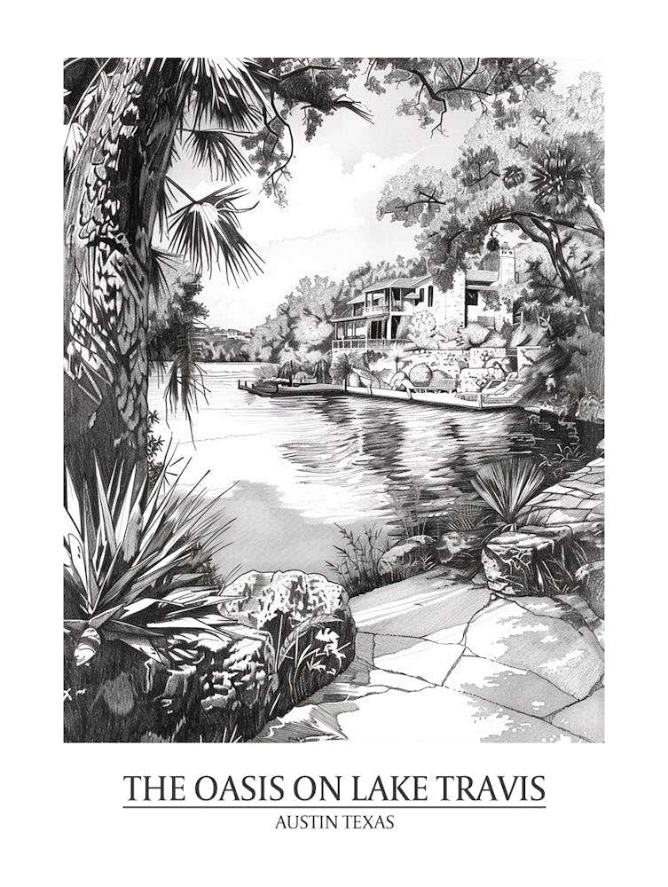 The Oasis On Lake Travis Austin Texas Black And White Drawing 2 Poster