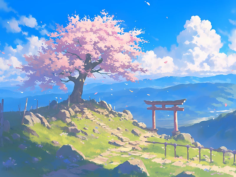 Cherry Blossom Tree On Top Of The Mountain