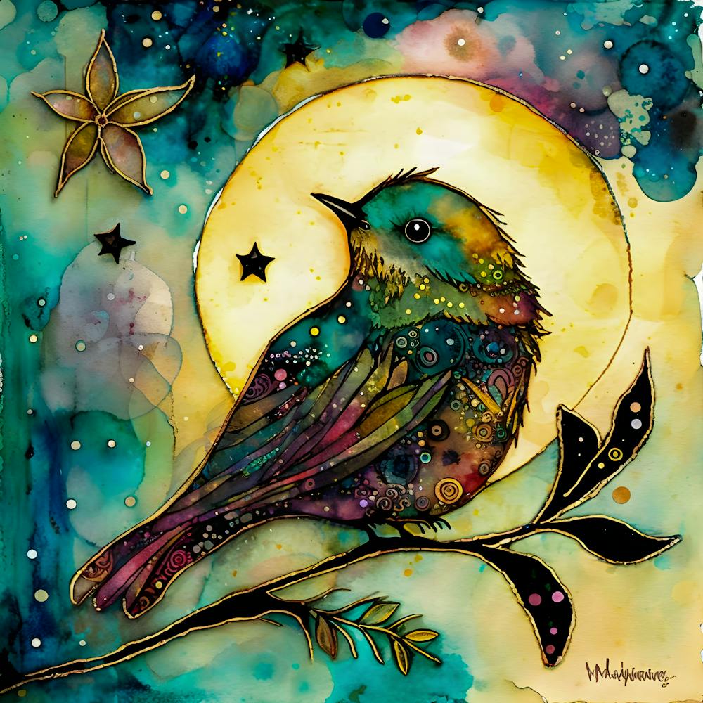 Celestial Songbird – Mystical Watercolor Bird Under The Moon