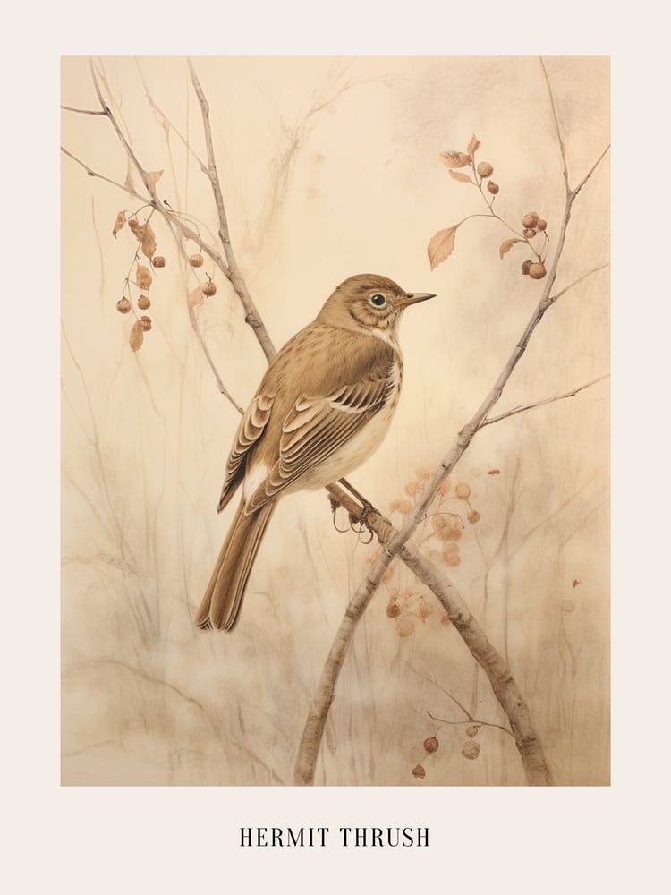Vintage Bird Drawing Hermit Thrush 2 Poster