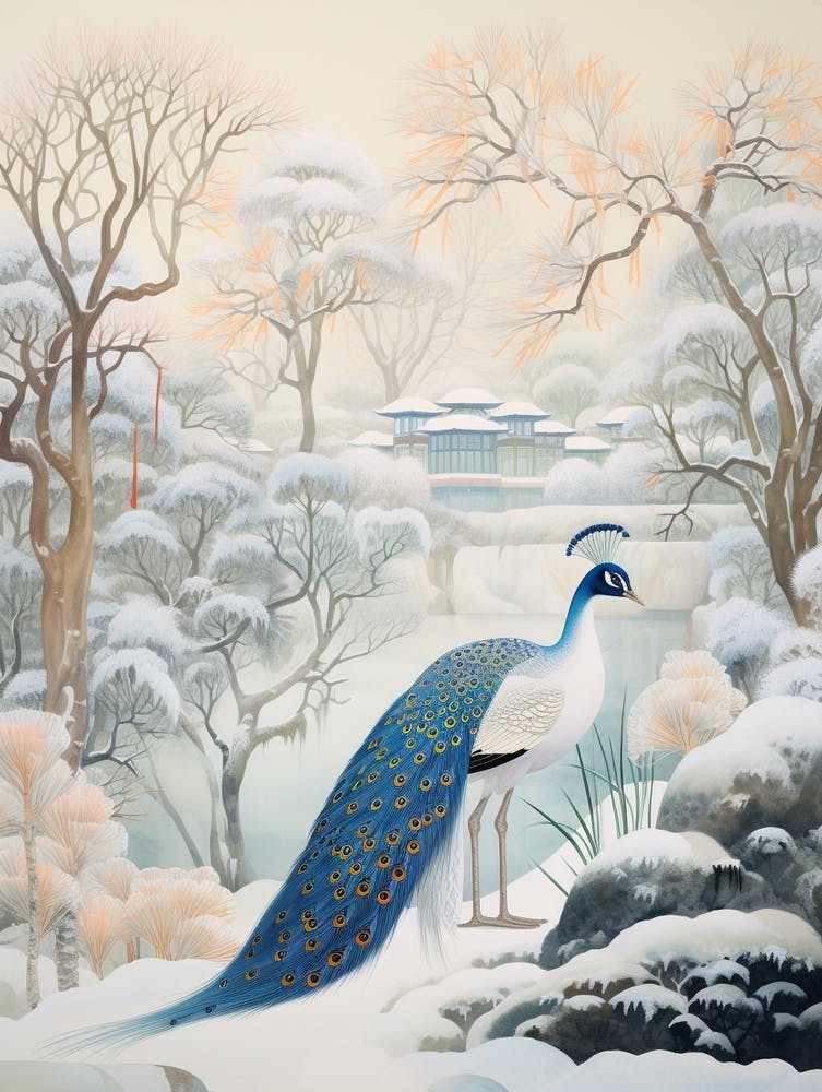 Winter Vogelgemälde Pfau 2