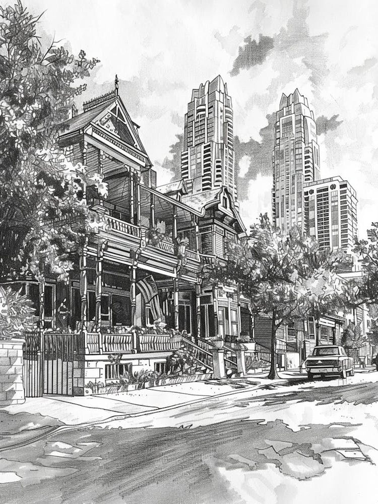Rainey Street Historic District Austin Texas Black And White Drawing 2