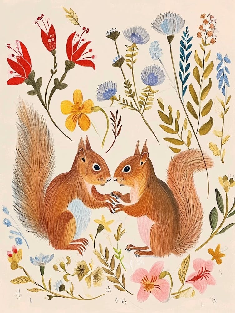 Folksy Floral Animal Drawing Squirrel 5