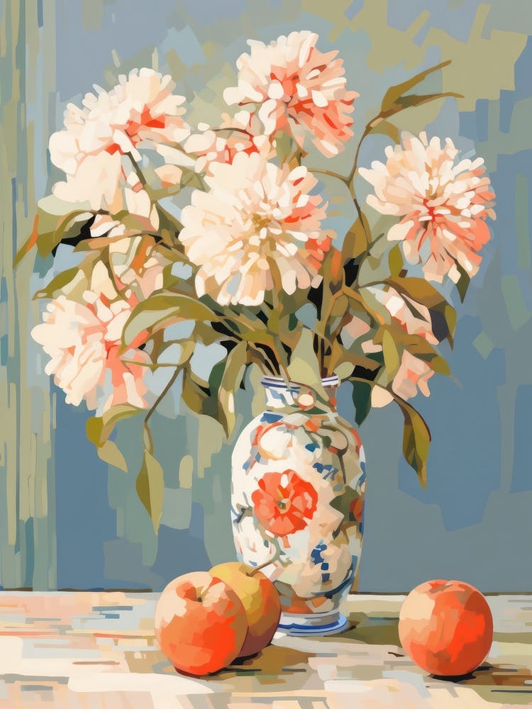 Zinnia Flower And Peaches Still Life Painting 2 Dreamy