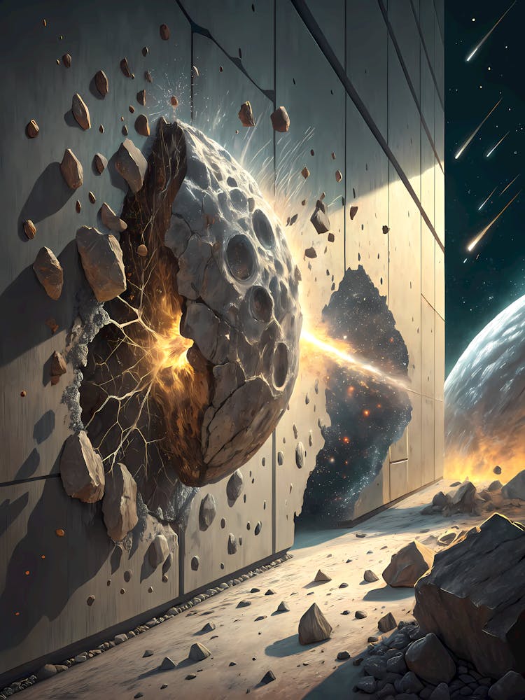 3D Asteroid Smashing Through a Wall Oil Painting Style