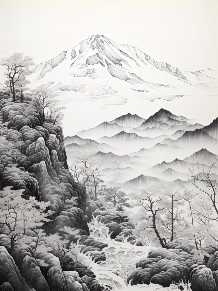 Mount Gassan In Yamagata, Ukiyo E Black And White Line Art Drawing 1