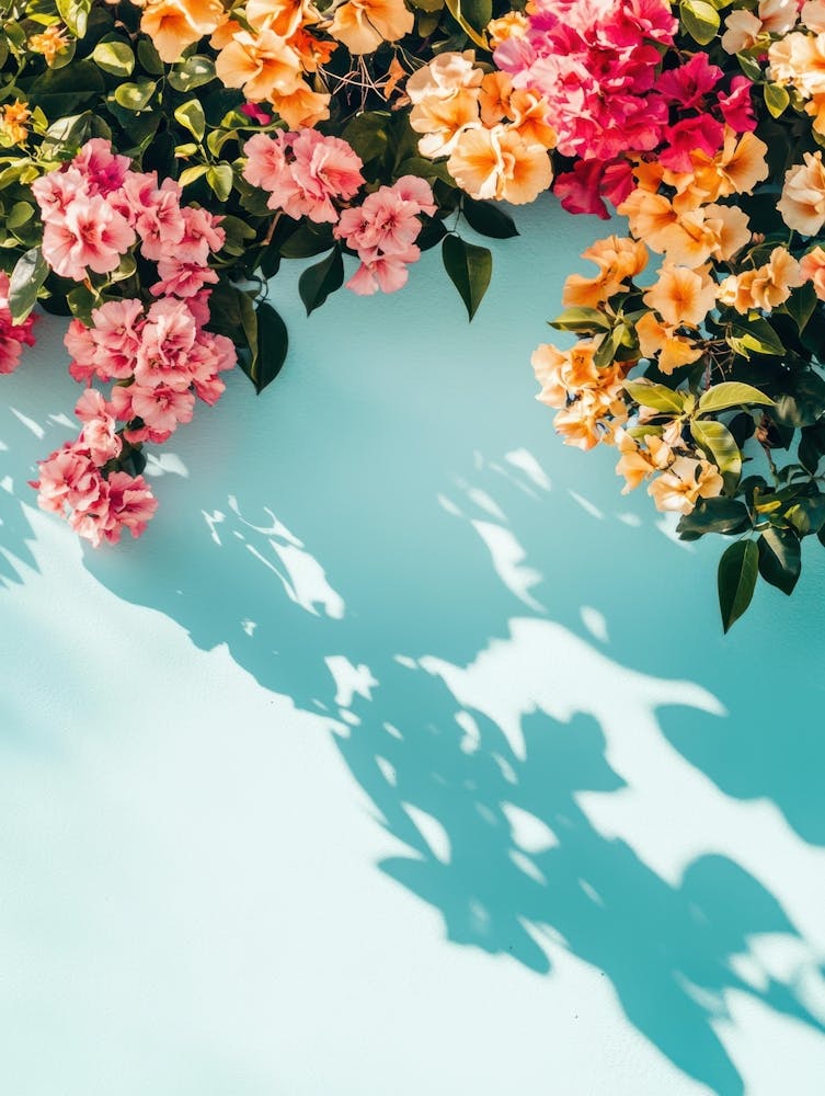 Shadow Of Flowers On Blue Background