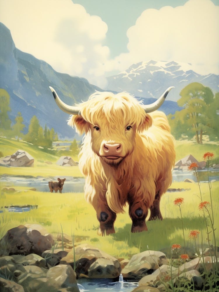 Sweet Blonde Highland Cow In The Valley