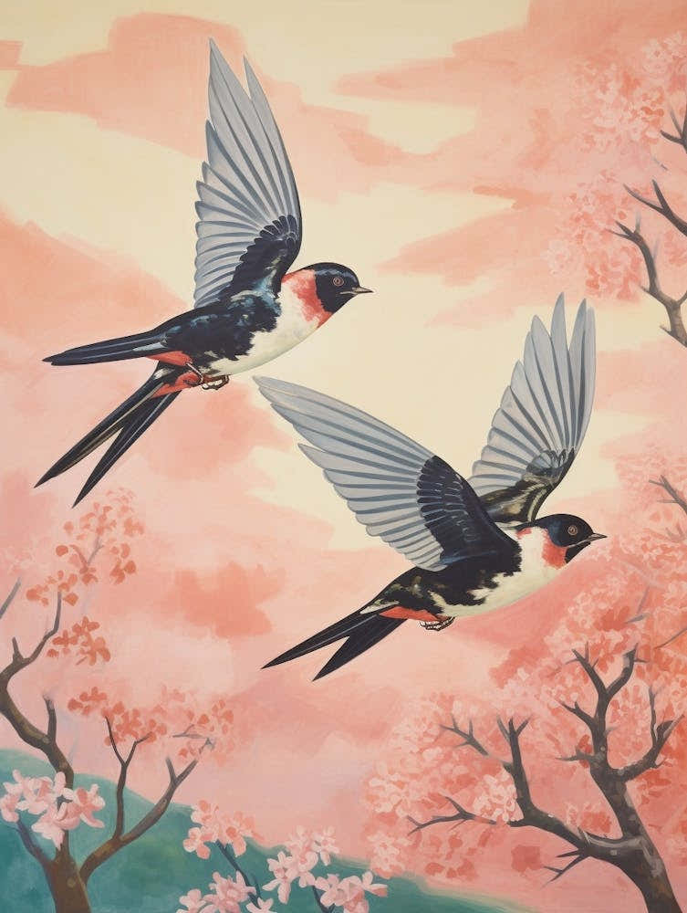 Vintage Japanese Inspired Bird Print Barn Swallow 3
