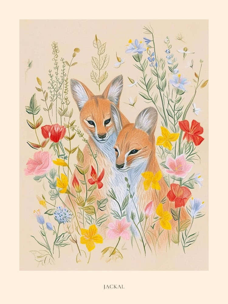 Folksy Floral Animal Drawing Jackal Poster