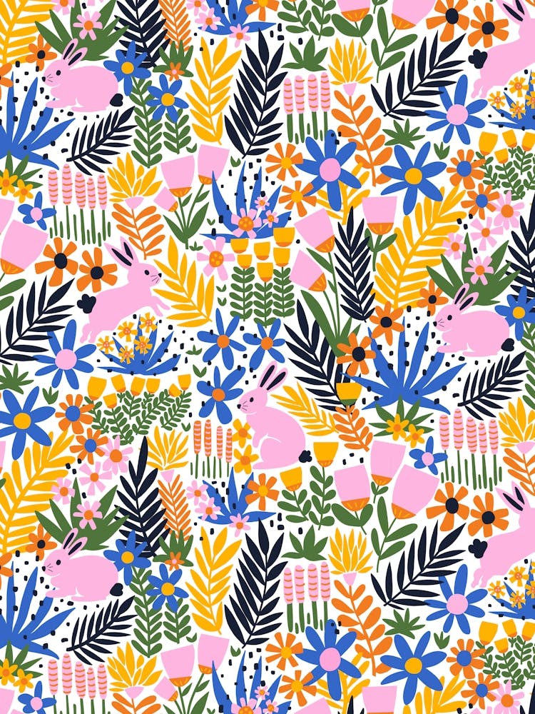 Rabbits Playing in Flower Garden Meadow Deep Colors