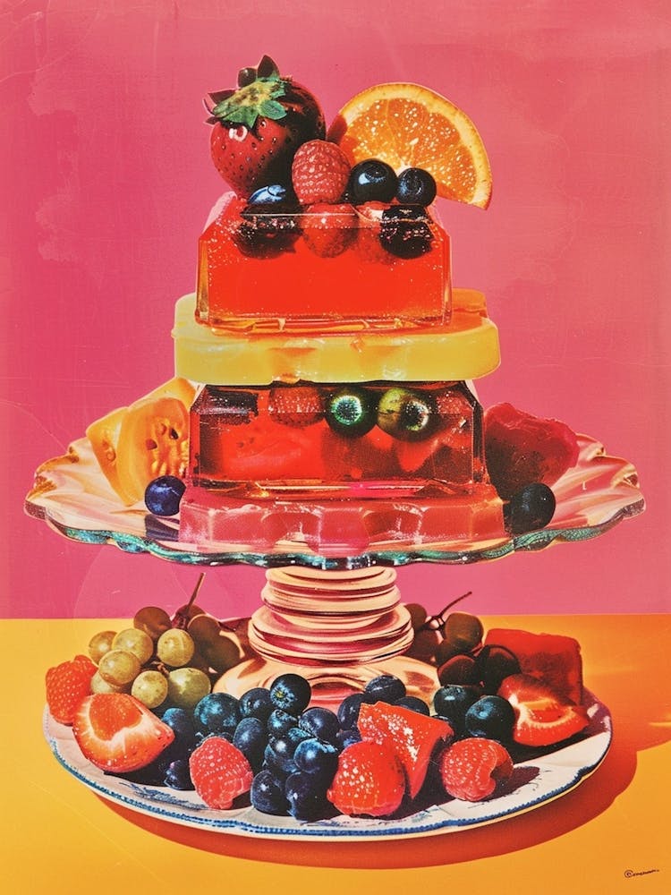 Fruity Red Jelly Dessert Retro Collage 1