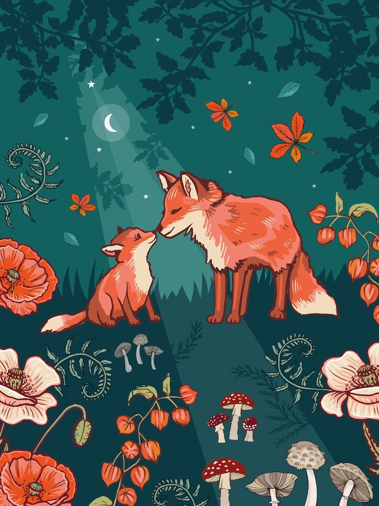 Fox And Cub In Autumn Woods