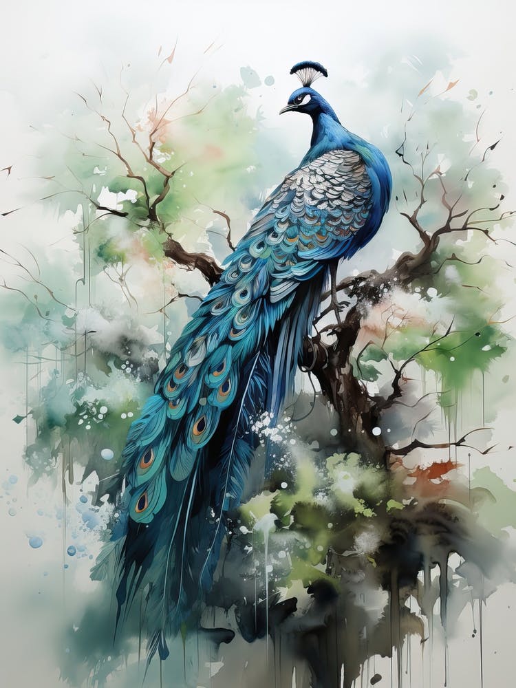 Peacock, Japanese Brush Painting, Ukiyo E, Minimal 1