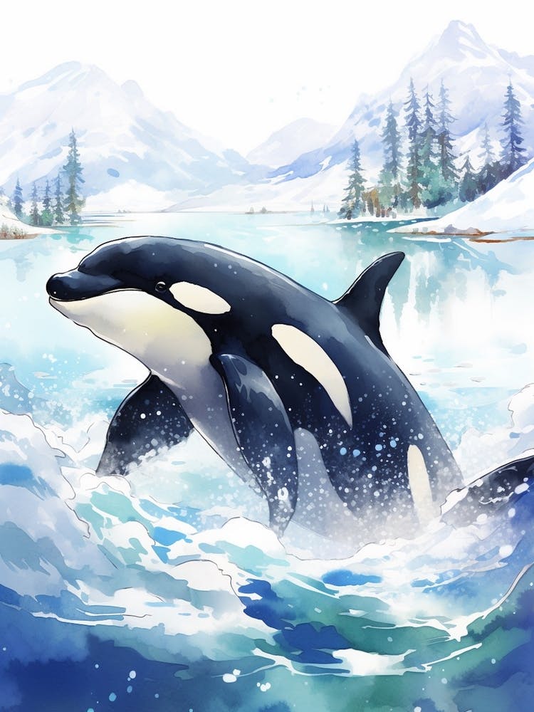 Blue Watercolour Painting Style Of Orca Whale  10