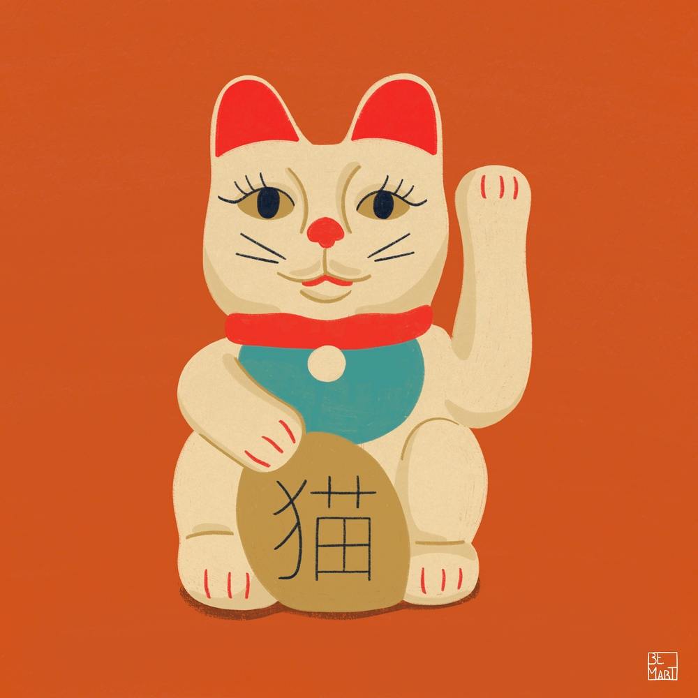Maneki Neko Cat On Orange Square