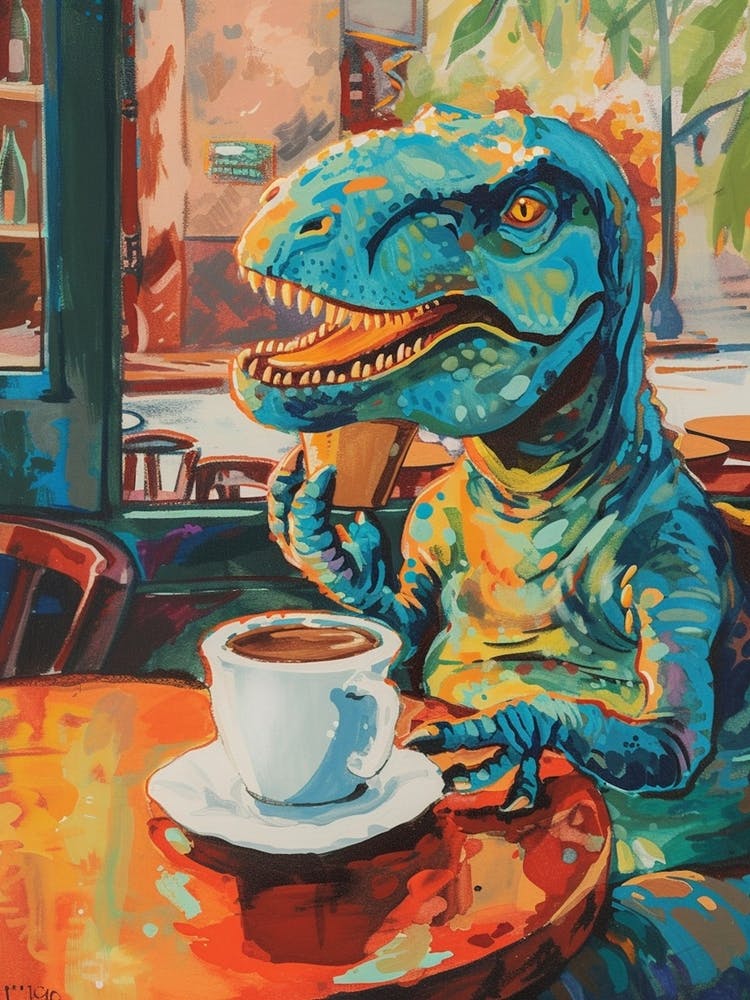 Dinosaur Drinking Coffee Blue Orange Brushstroke 2
