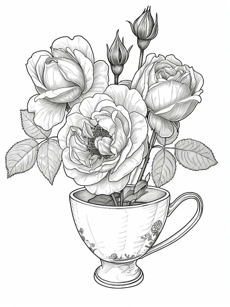 Rose In A Teacup Line Drawing 2