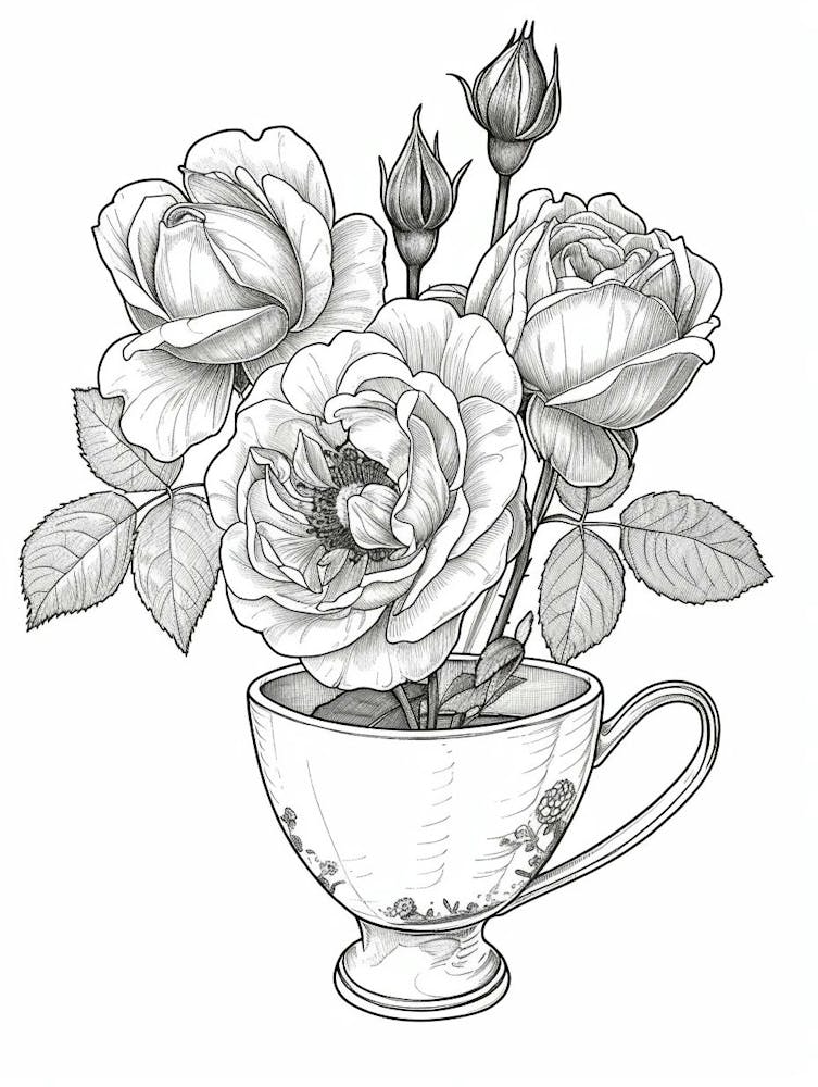 Rose In A Teacup Line Drawing 2