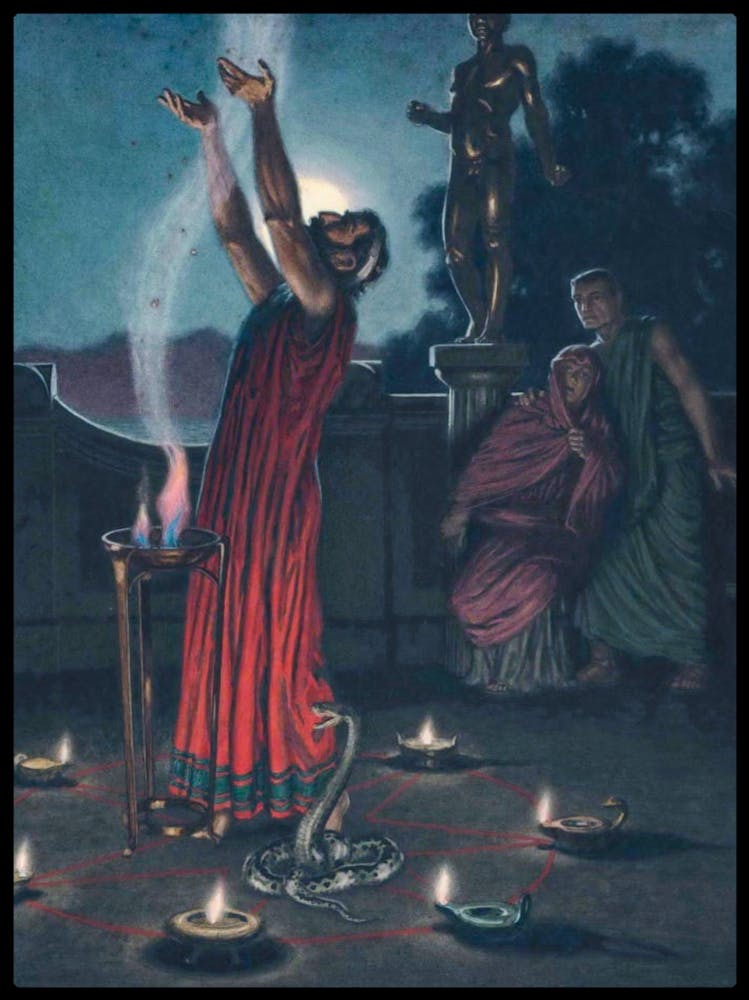 "Sacrifice Inside A Heptagram" 1911 (Rare) by Norman Ault (1880-1950), a British artist. Watercolor, Ink, and Gouache Painting Depicting a Ritual Scene Within a Heptagram.