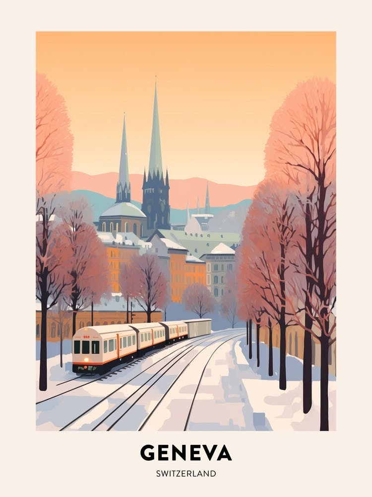 Vintage Winter Travel Poster Geneva Switzerland 1