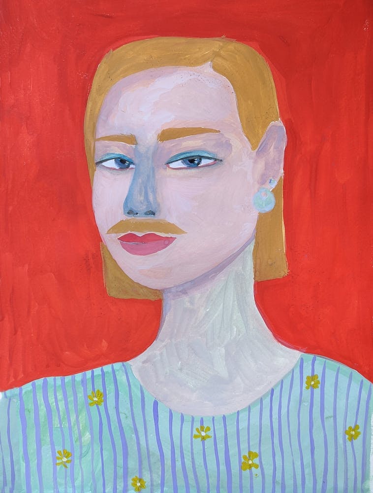 Acrylic painting of a woman with a mustache on a red background