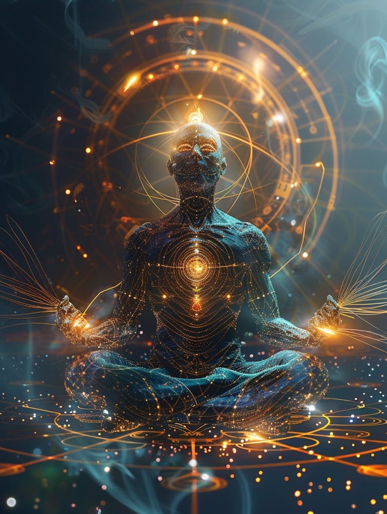 Using Sacred Geometry As Perfect Proportional Radial Circles Generate A Realistic Guru Astral Angel Body Meditating With A Halo And Illuminated Chakras As A Portrait Where The Body Is Composed Of Holographic Manedlebulb 3d Fractal Te