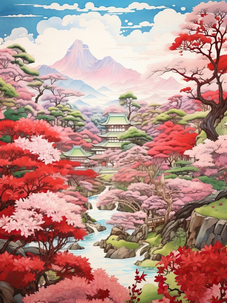 Rikugien Garden In Tokyo, Ukiyo E Drawing 4