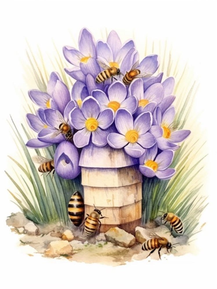 Beehive With Crocus Flower Watercolour Illustration 3