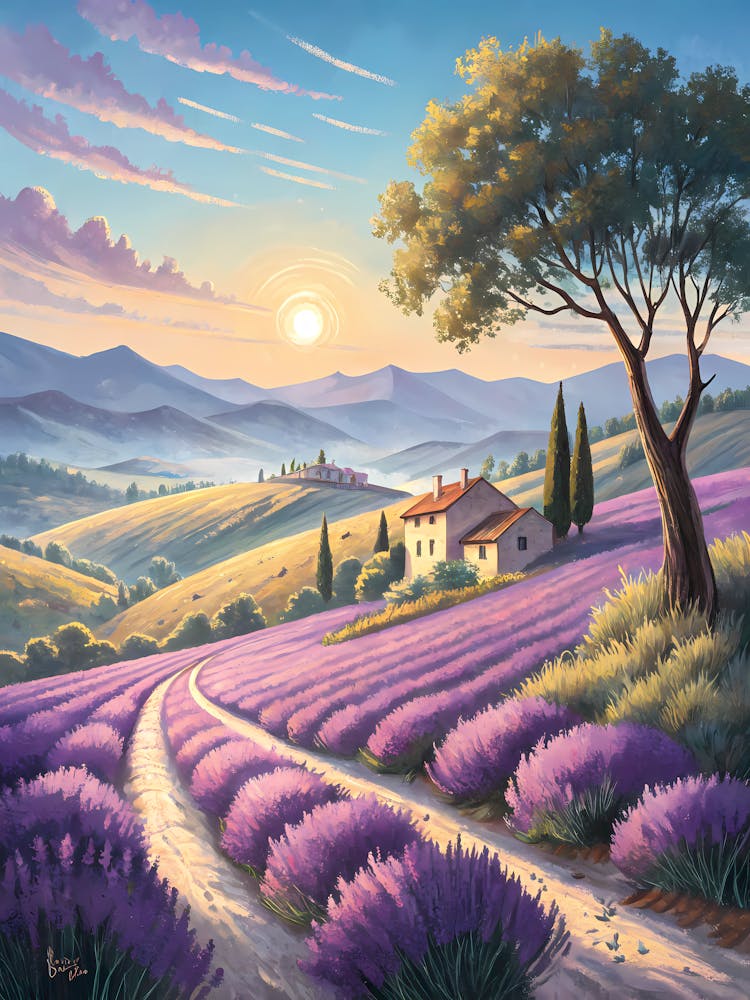 Oil Painting Style Tuscan Lavender Sunset Idyllic Farmhouse Landscape with Mountains