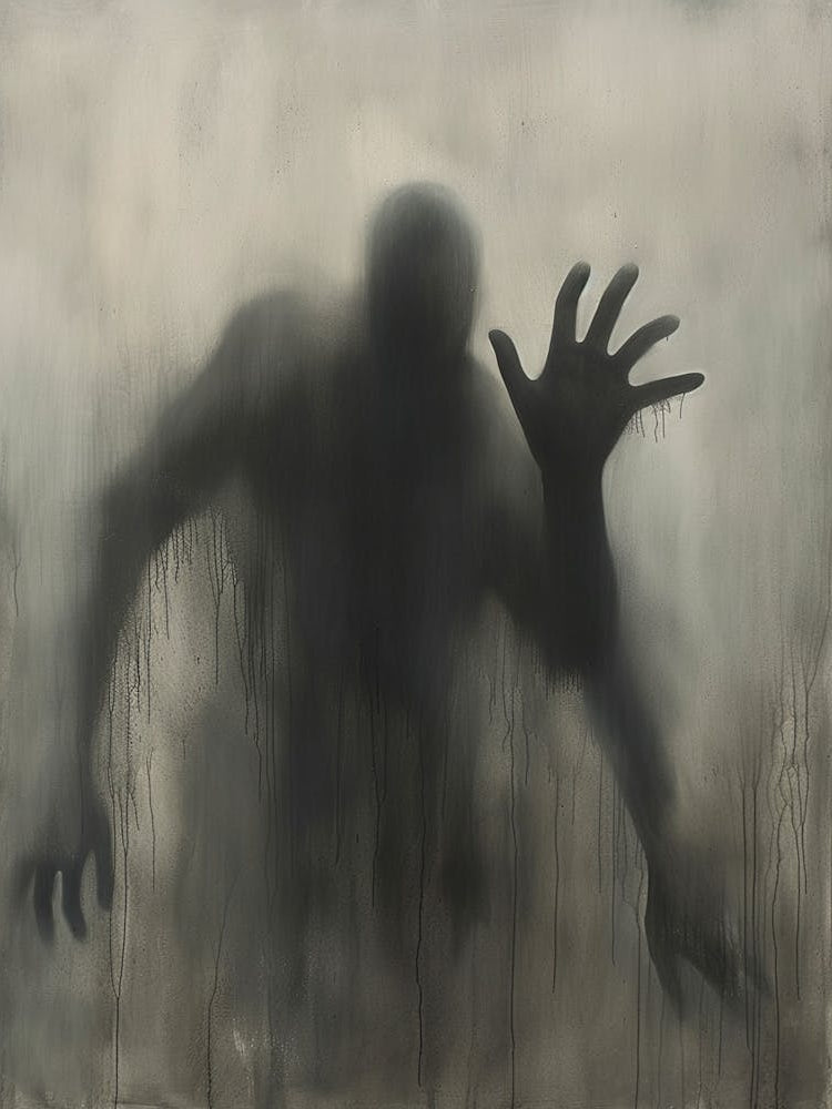 Shadowy Figure Emerging, In The Style Of Pawel Kuczynski, Light Black And Gray, Gesture Driven, Ghosting Effect, Airbrush Art, Kevin Hill