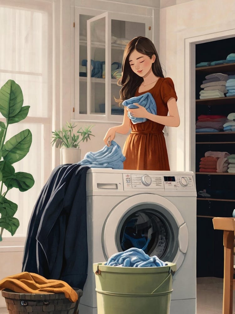 Illustration Of A Woman Washing Clothes