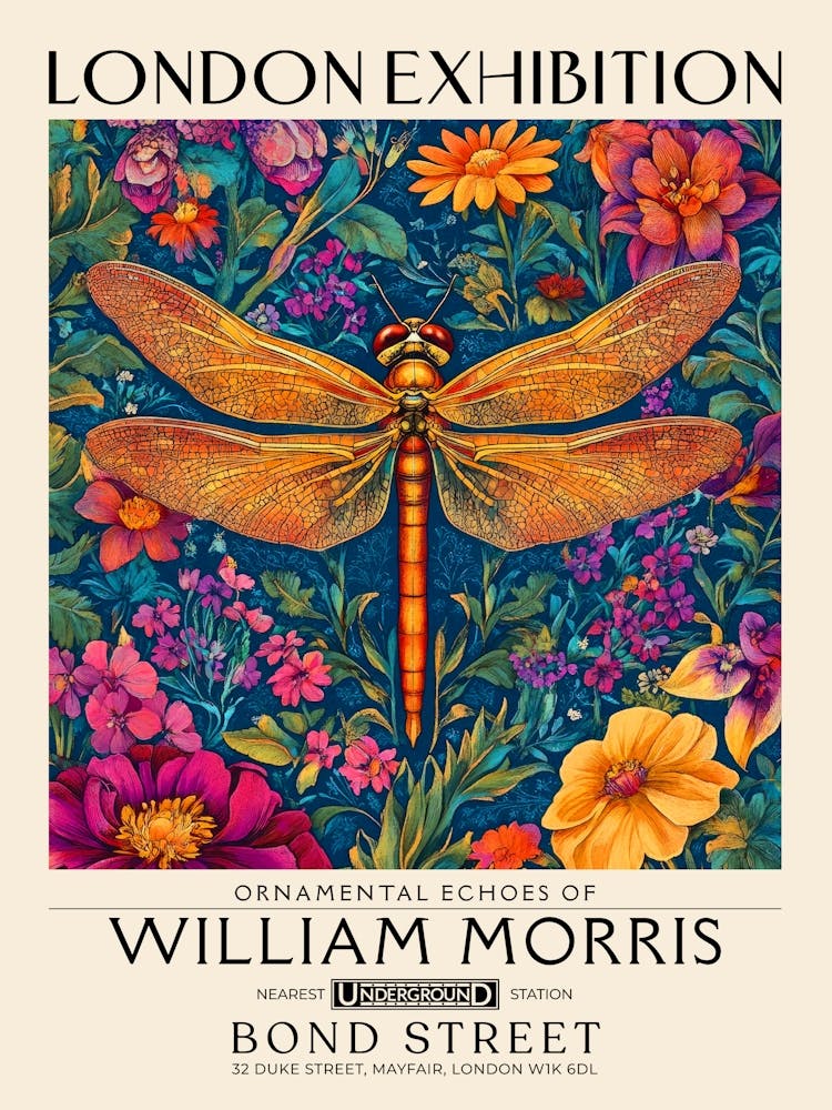 William Morris Dragonfly and floral artwork vibrant colors, insect and flower pattern Botanical vintage print, maximalist wall art living room boho decor, Floral tapestry Victorian style vintage decor 18