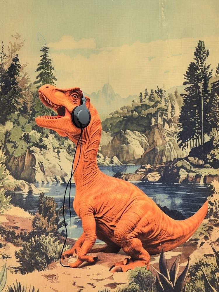 Retro Collage Dinosaur Listening To Music With Headphones 2