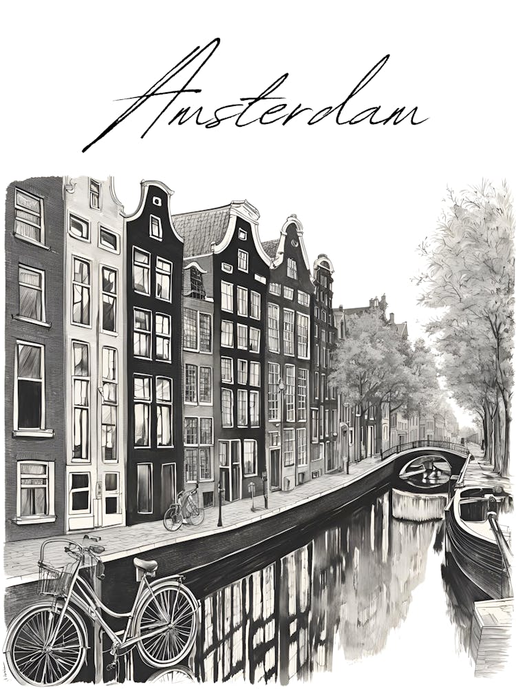 Amsterdam Canals, Black And White Illustration