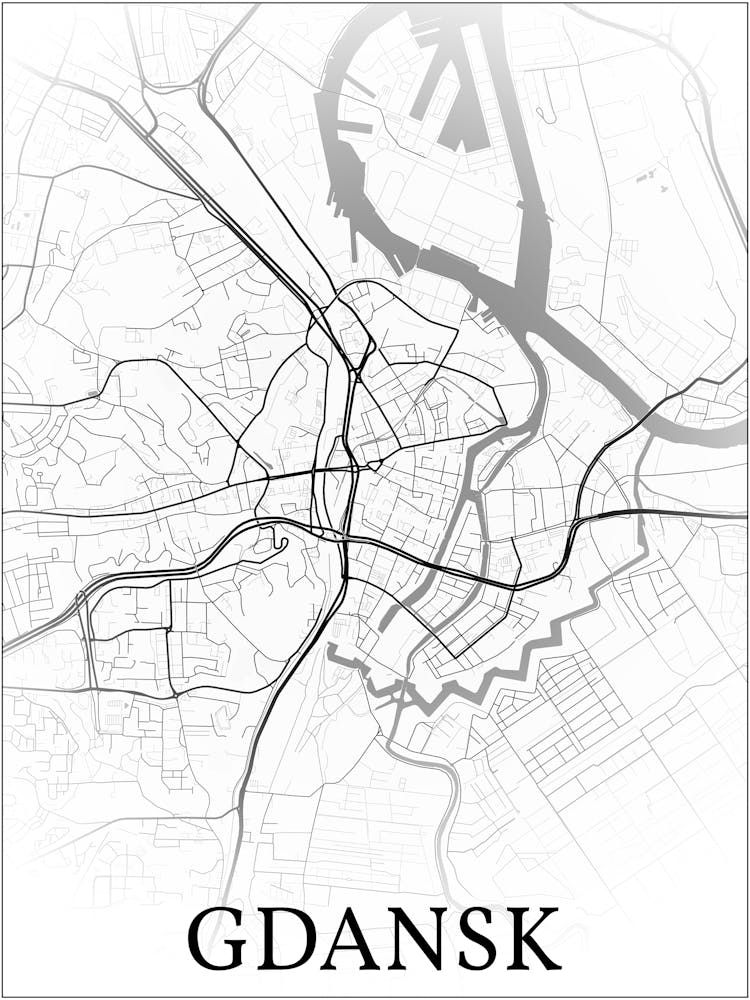 Gdańsk, Poland, City Map, Black And White Fade Design