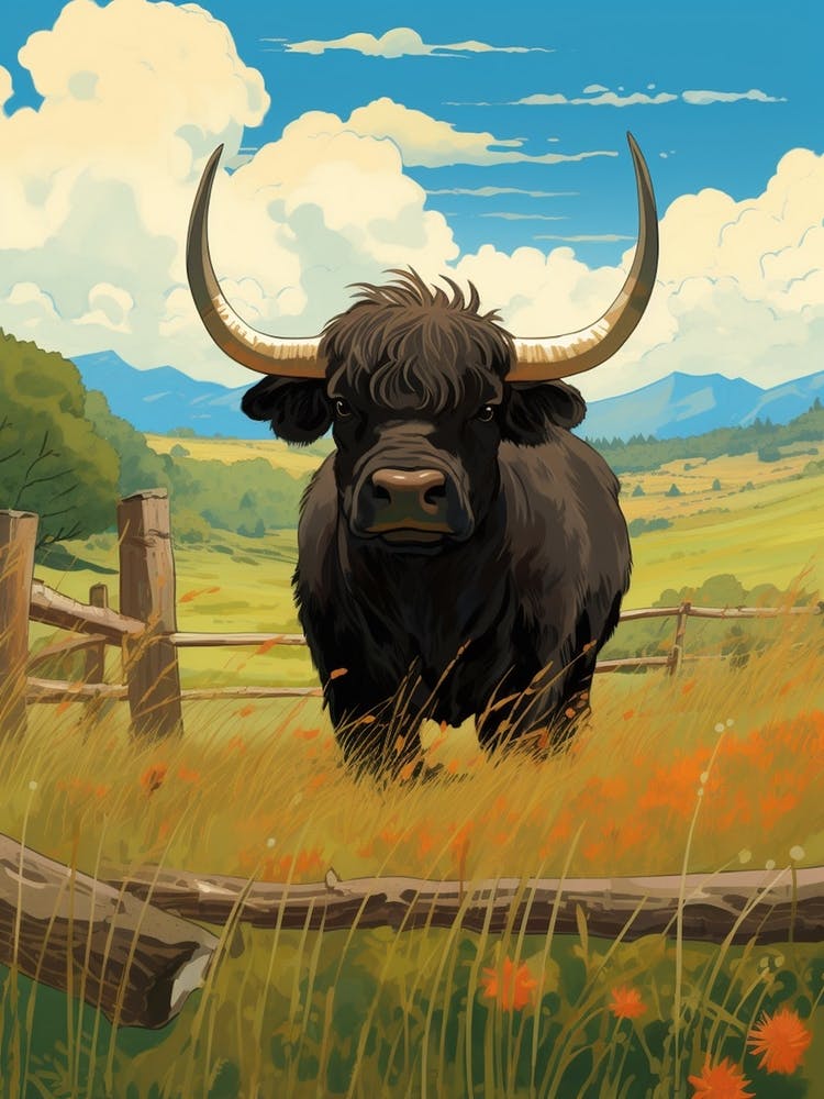 Black Highland Bull By Wooden Fence In The Highlands