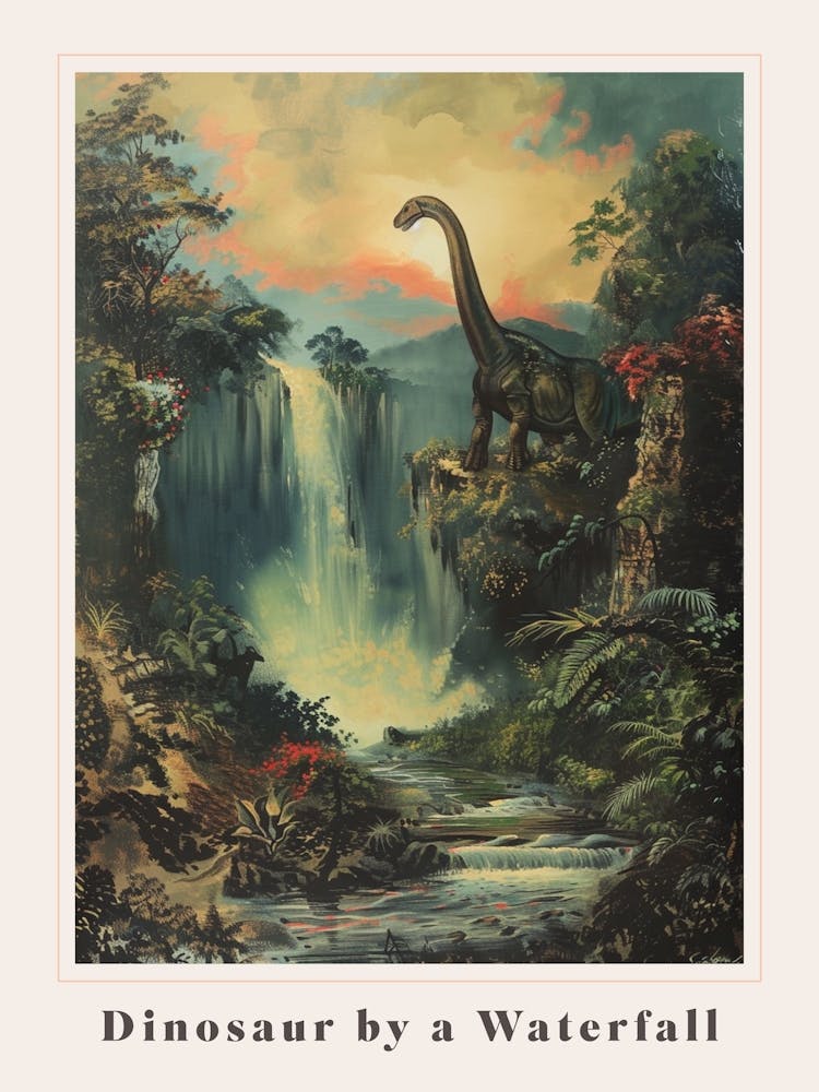 Dinosaur By A Waterfall Painting 3 Poster