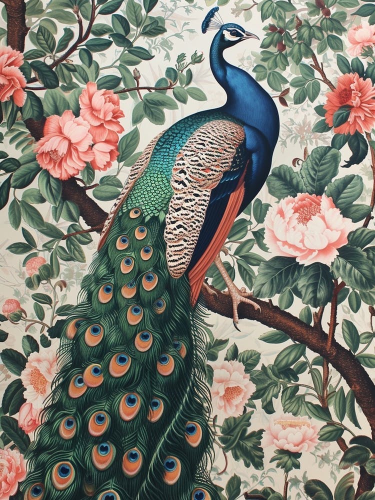 White & Pink Peacock On A Branch Wallpaper Style