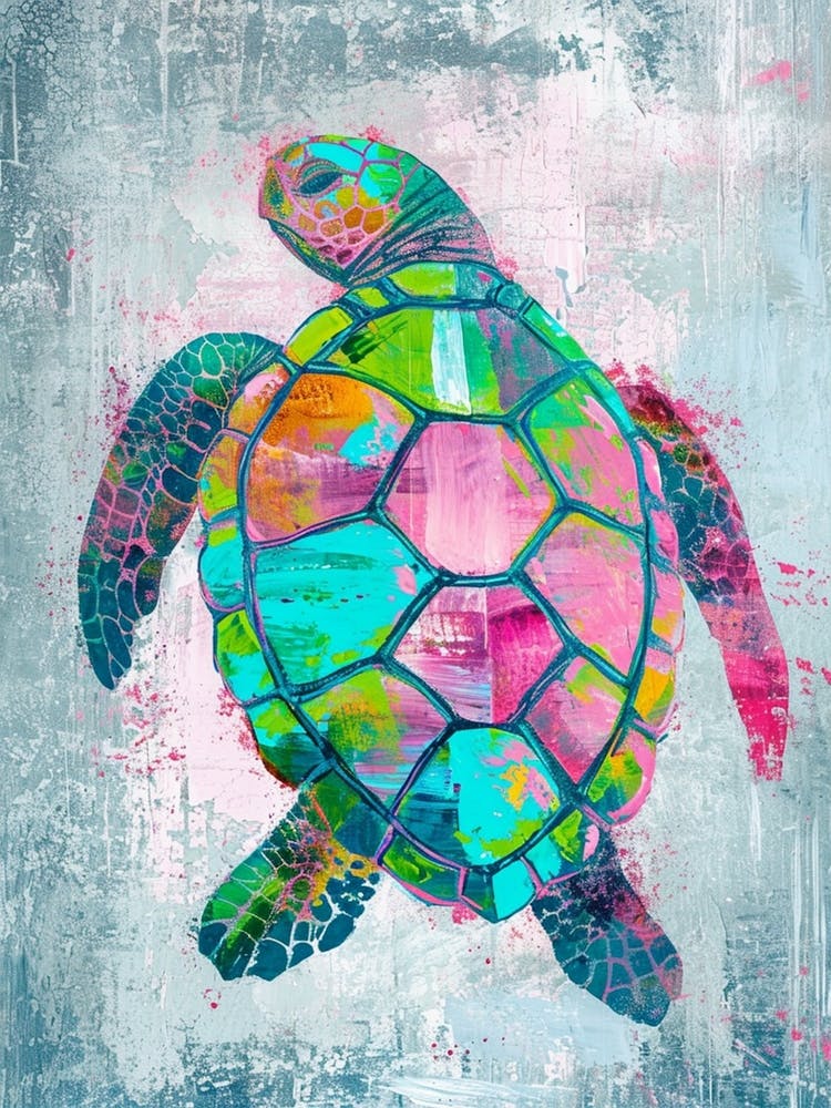 Green & Pink Abstract Sea Turtle Painting
