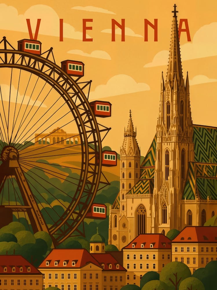 Vienna Travel Poster Austria – Gothic Skyline & Historic Grandeur: Vienna’s skyline shines in this elegant travel poster featuring gothic spires, cathedrals, and the iconic ferris wheel. A cultural gem of Austria, full of history, art, and European archit