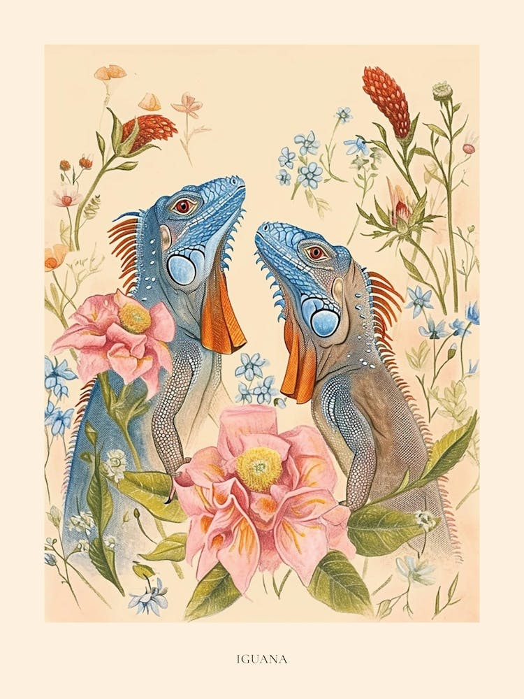 Folksy Floral Animal Drawing Iguana Poster