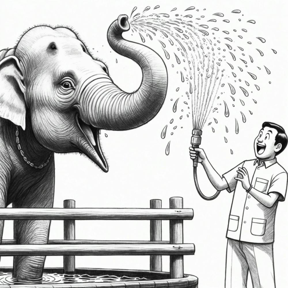 Man Watering An Elephant