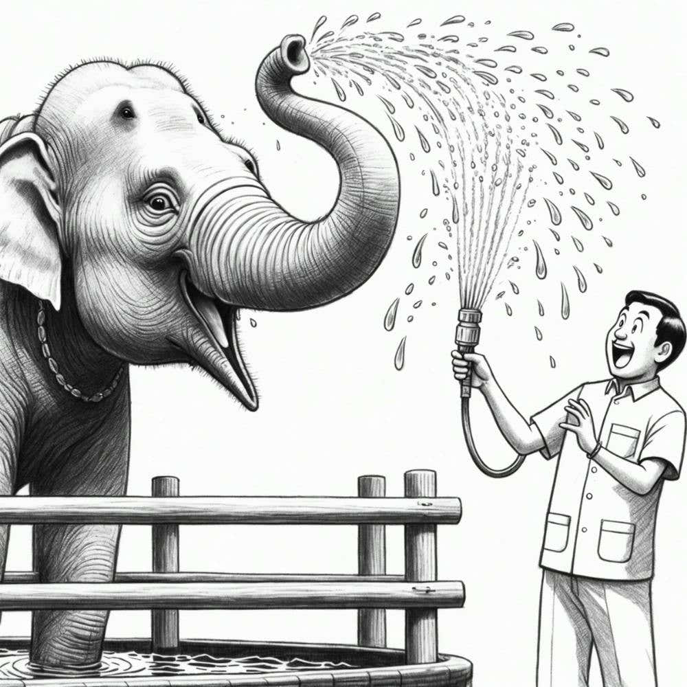 Man Watering An Elephant