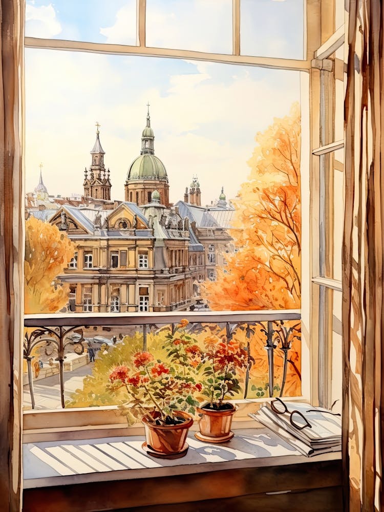 Window View Of Hamburg Germany In Autumn Fall, Watercolour 4