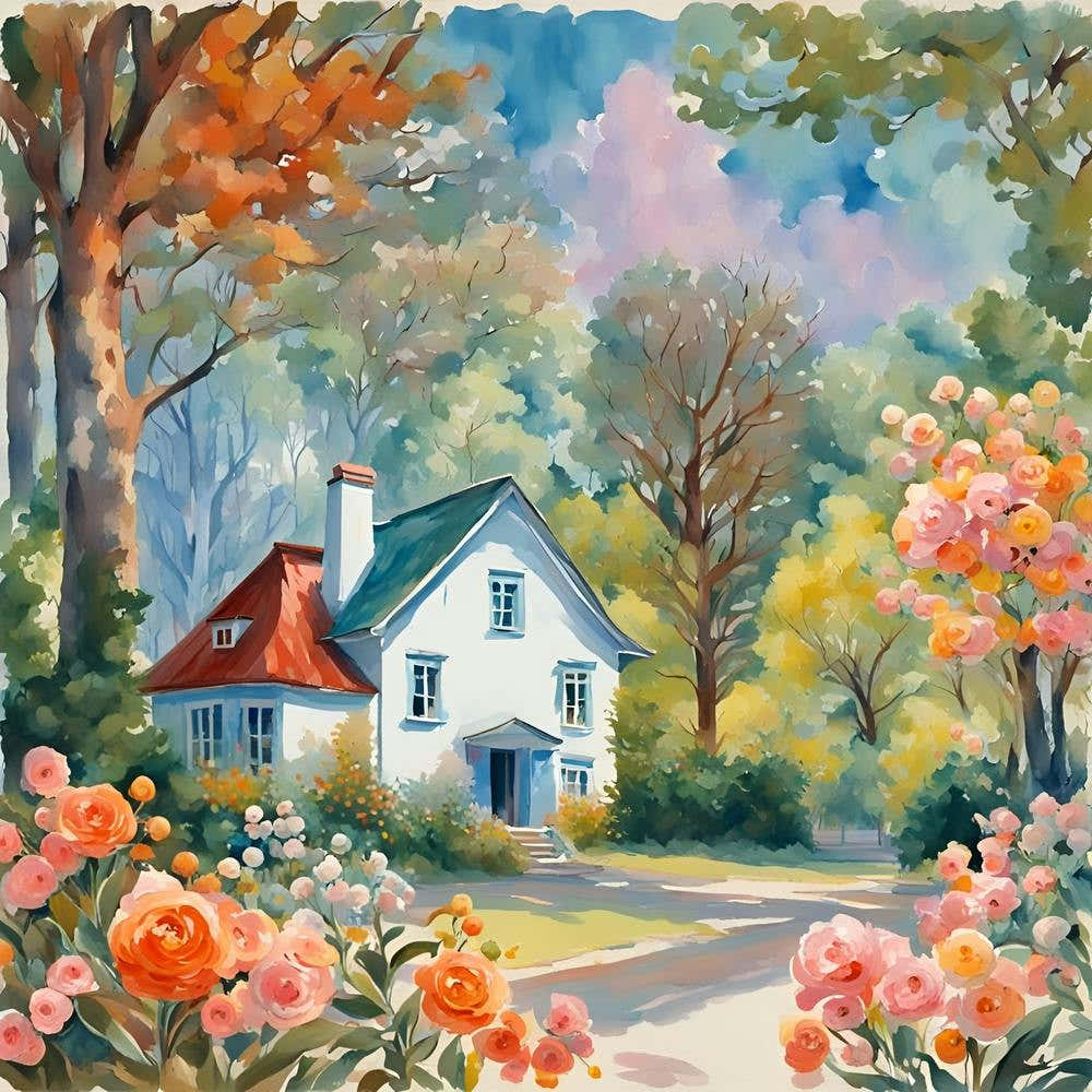 Watercolor Of A House In The Garden