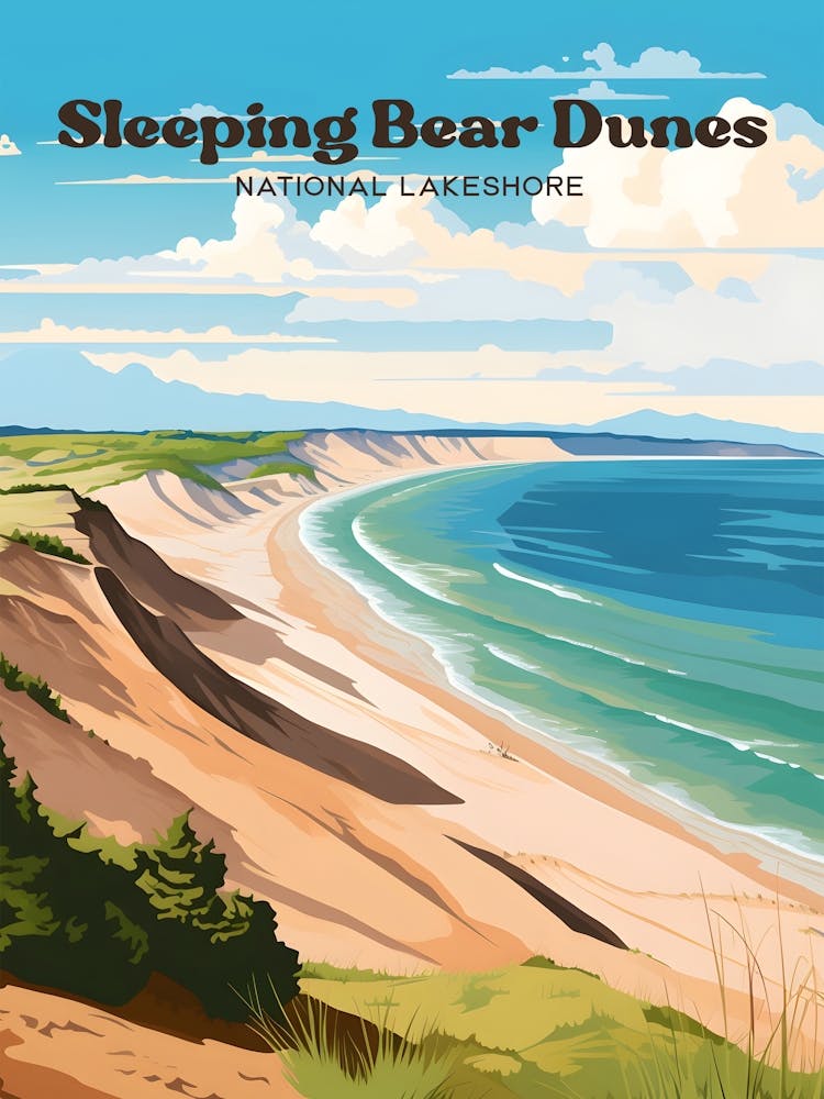 Sleeping Bear Dunes National Lakeshore Michigan Beauty Travel Art Illustration